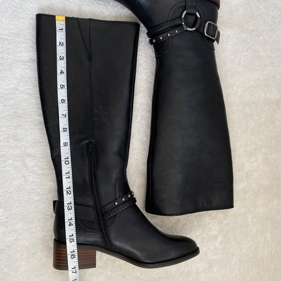 Lucky Brand Women's Karesi Leather Stacked Heel Harness Knee-High, Black, Size 7 - Picture 9 of 12